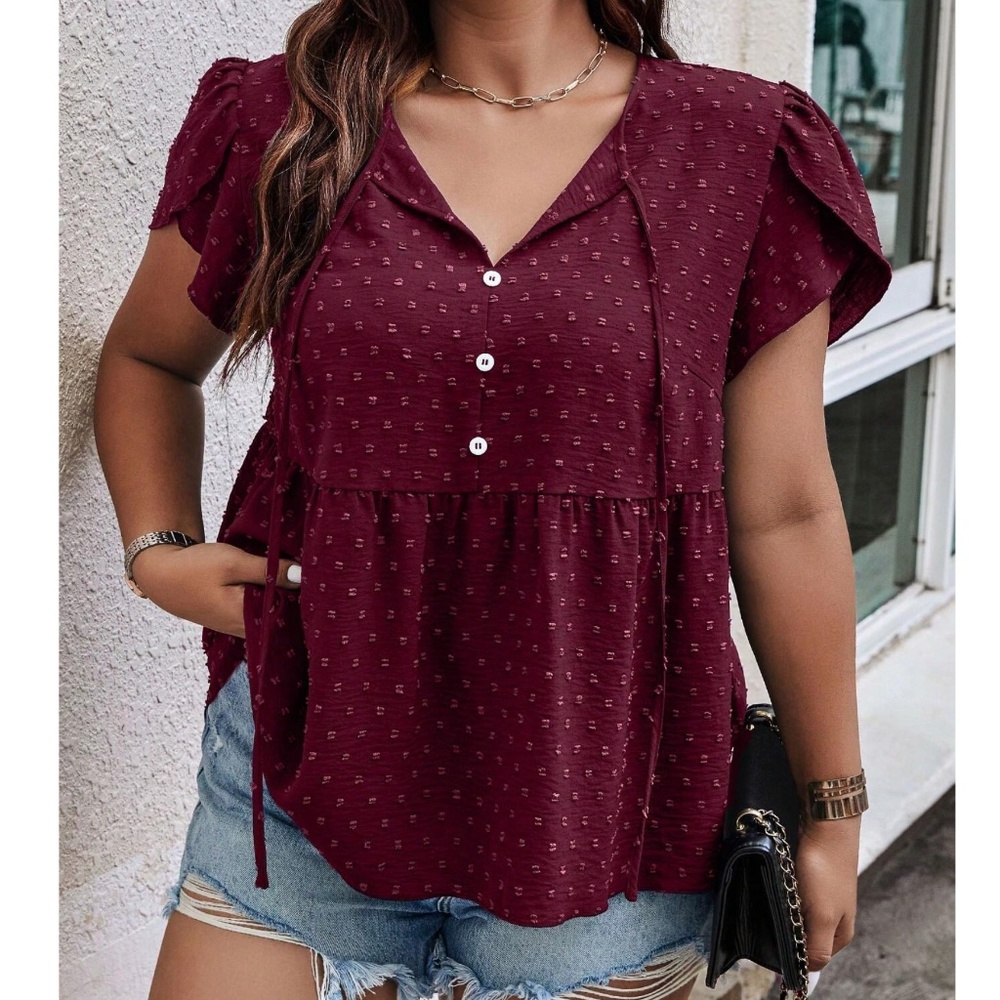 Plus Swiss Dot Button Neck Tie Puff Sleeve Blouse - Picture 2 of 6
